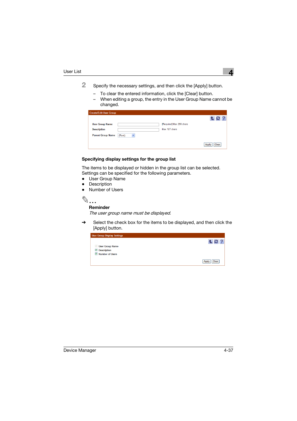 Specifying display settings for the group list, Specifying display settings for the group list -37 | Konica Minolta PageScope Net Care Device Manager User Manual | Page 232 / 331