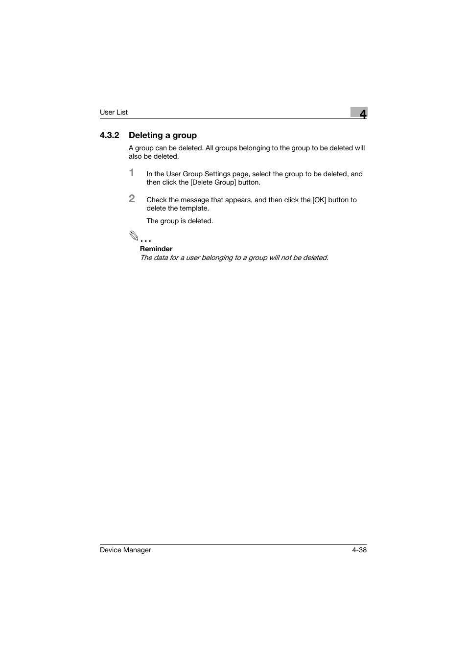 2 deleting a group, Deleting a group -38 | Konica Minolta PageScope Net Care Device Manager User Manual | Page 233 / 331