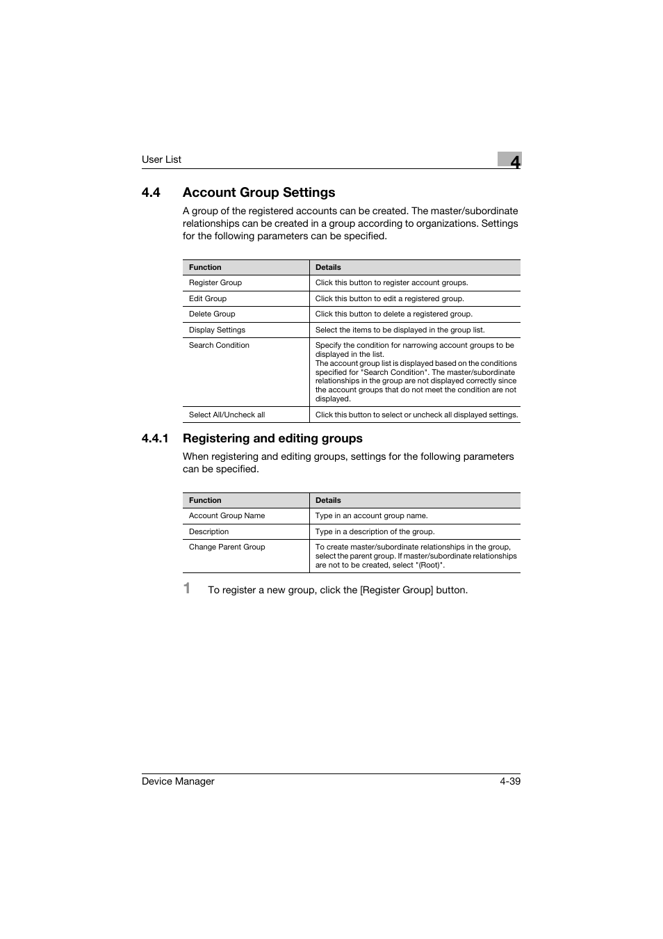 4 account group settings, 1 registering and editing groups, Account group settings -39 | Registering and editing groups -39 | Konica Minolta PageScope Net Care Device Manager User Manual | Page 234 / 331