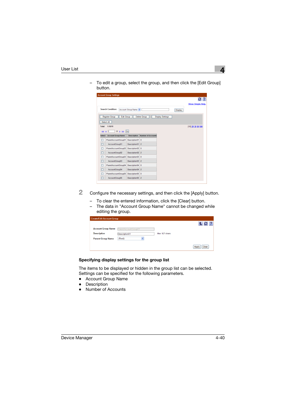 Specifying display settings for the group list, Specifying display settings for the group list -40 | Konica Minolta PageScope Net Care Device Manager User Manual | Page 235 / 331