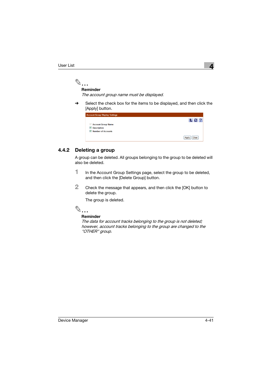 2 deleting a group, Deleting a group -41 | Konica Minolta PageScope Net Care Device Manager User Manual | Page 236 / 331