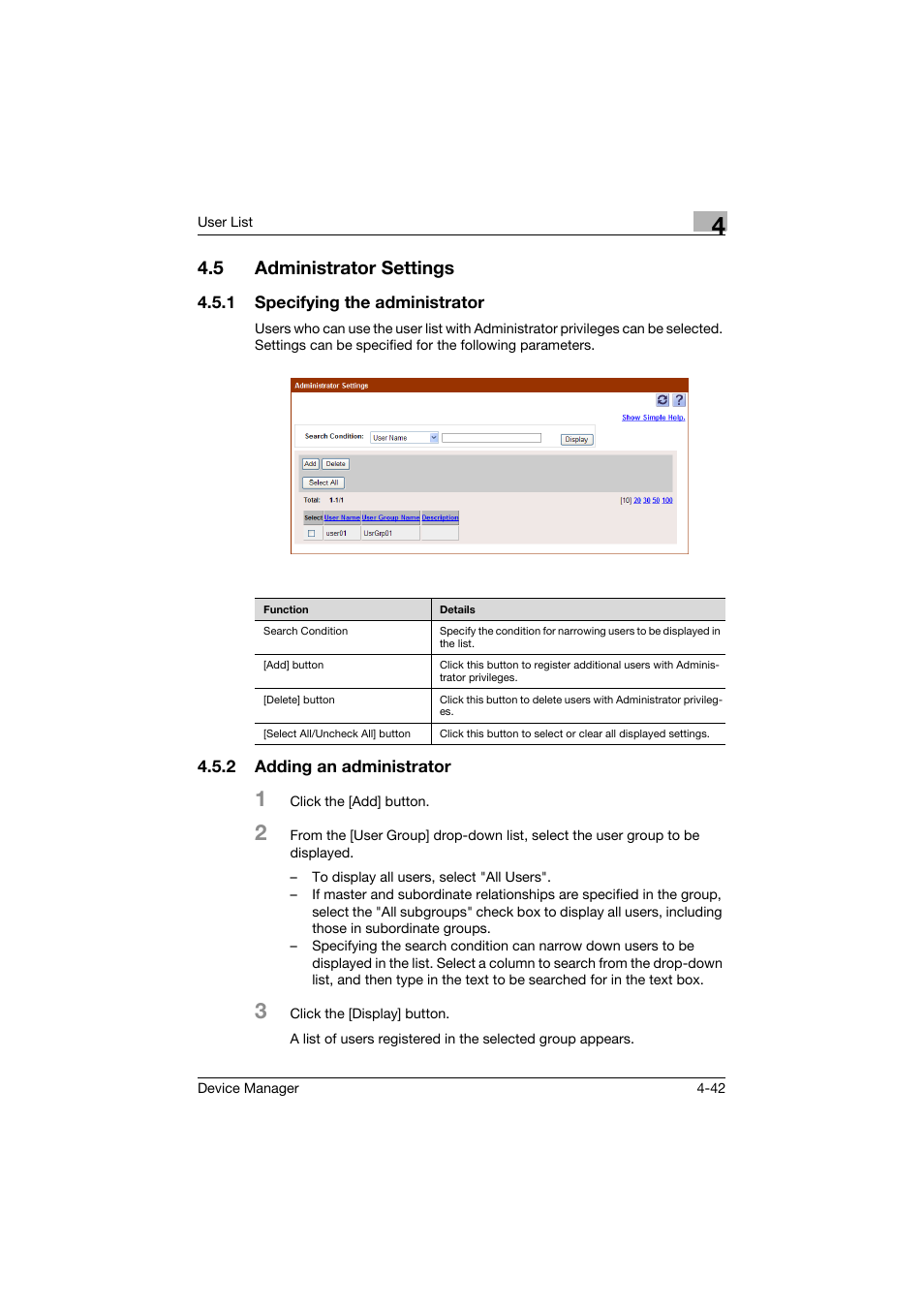 5 administrator settings, 1 specifying the administrator, 2 adding an administrator | Administrator settings -42, Specifying the administrator -42, Adding an administrator -42 | Konica Minolta PageScope Net Care Device Manager User Manual | Page 237 / 331