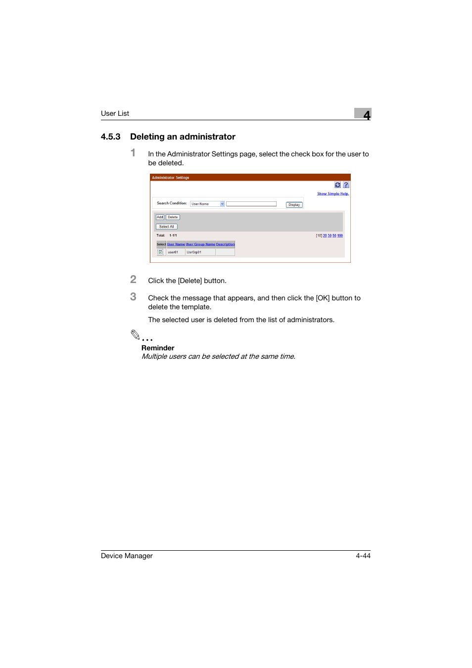 3 deleting an administrator, Deleting an administrator -44 | Konica Minolta PageScope Net Care Device Manager User Manual | Page 239 / 331
