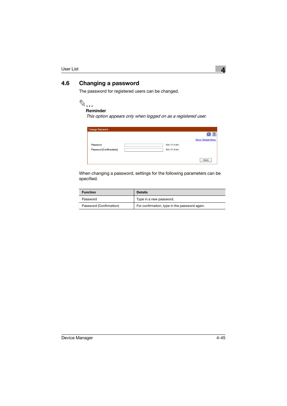 6 changing a password, Changing a password -45 | Konica Minolta PageScope Net Care Device Manager User Manual | Page 240 / 331