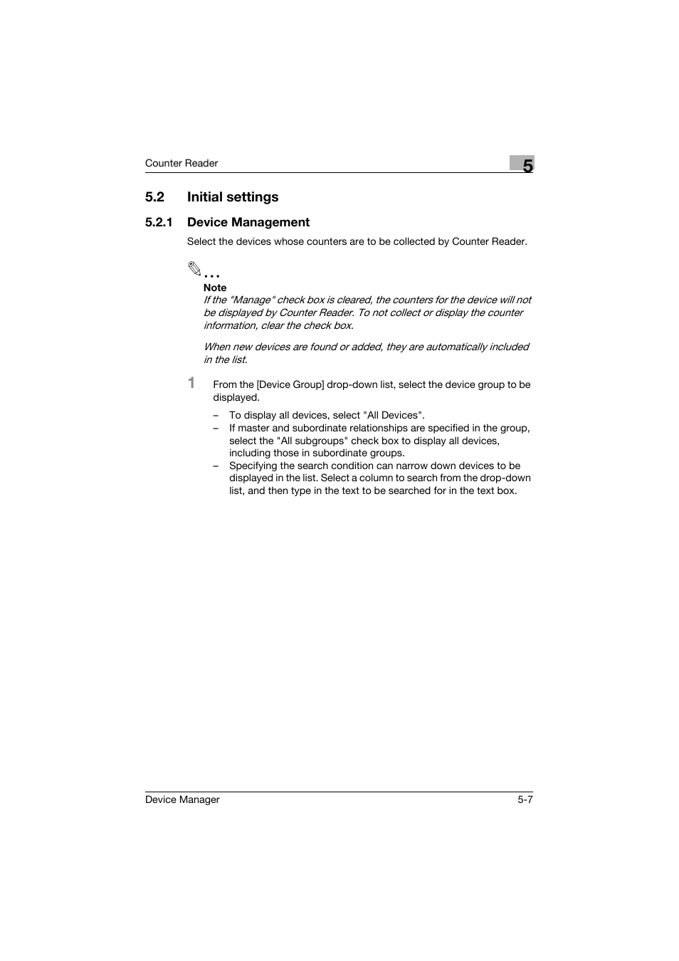 2 initial settings, 1 device management, Initial settings -7 | Device management -7, P. 5-7 | Konica Minolta PageScope Net Care Device Manager User Manual | Page 248 / 331