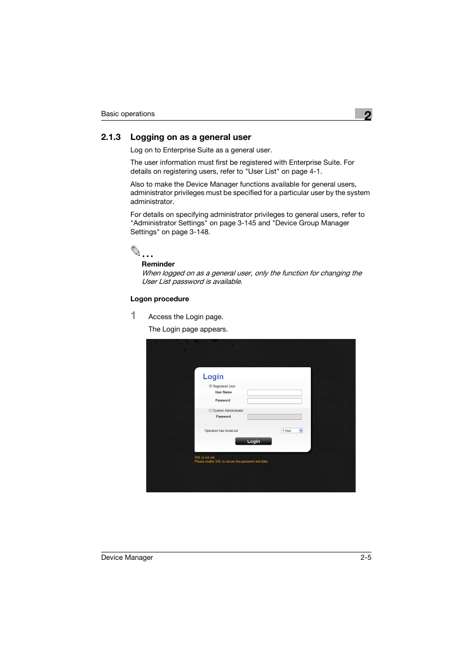 3 logging on as a general user, Logon procedure, Logging on as a general user -5 logon procedure -5 | Konica Minolta PageScope Net Care Device Manager User Manual | Page 25 / 331