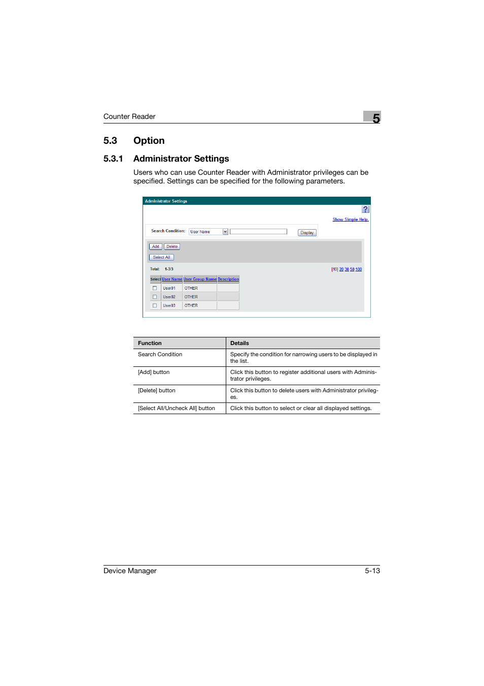 3 option, 1 administrator settings, Option -13 | Administrator settings -13 | Konica Minolta PageScope Net Care Device Manager User Manual | Page 254 / 331