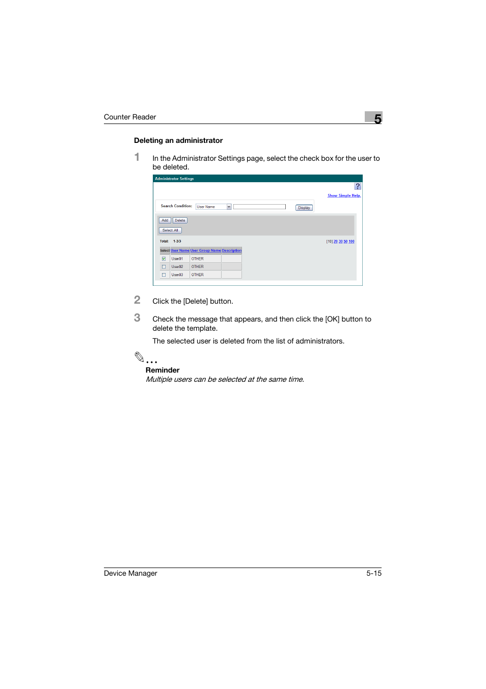 Deleting an administrator, Deleting an administrator -15 | Konica Minolta PageScope Net Care Device Manager User Manual | Page 256 / 331