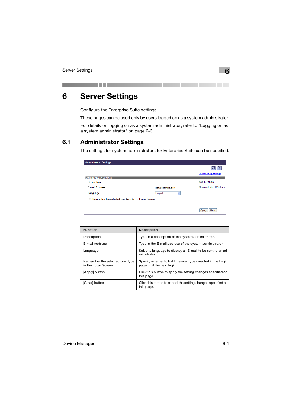 6 server settings, 1 administrator settings, Server settings | Administrator settings -1, 6server settings | Konica Minolta PageScope Net Care Device Manager User Manual | Page 259 / 331