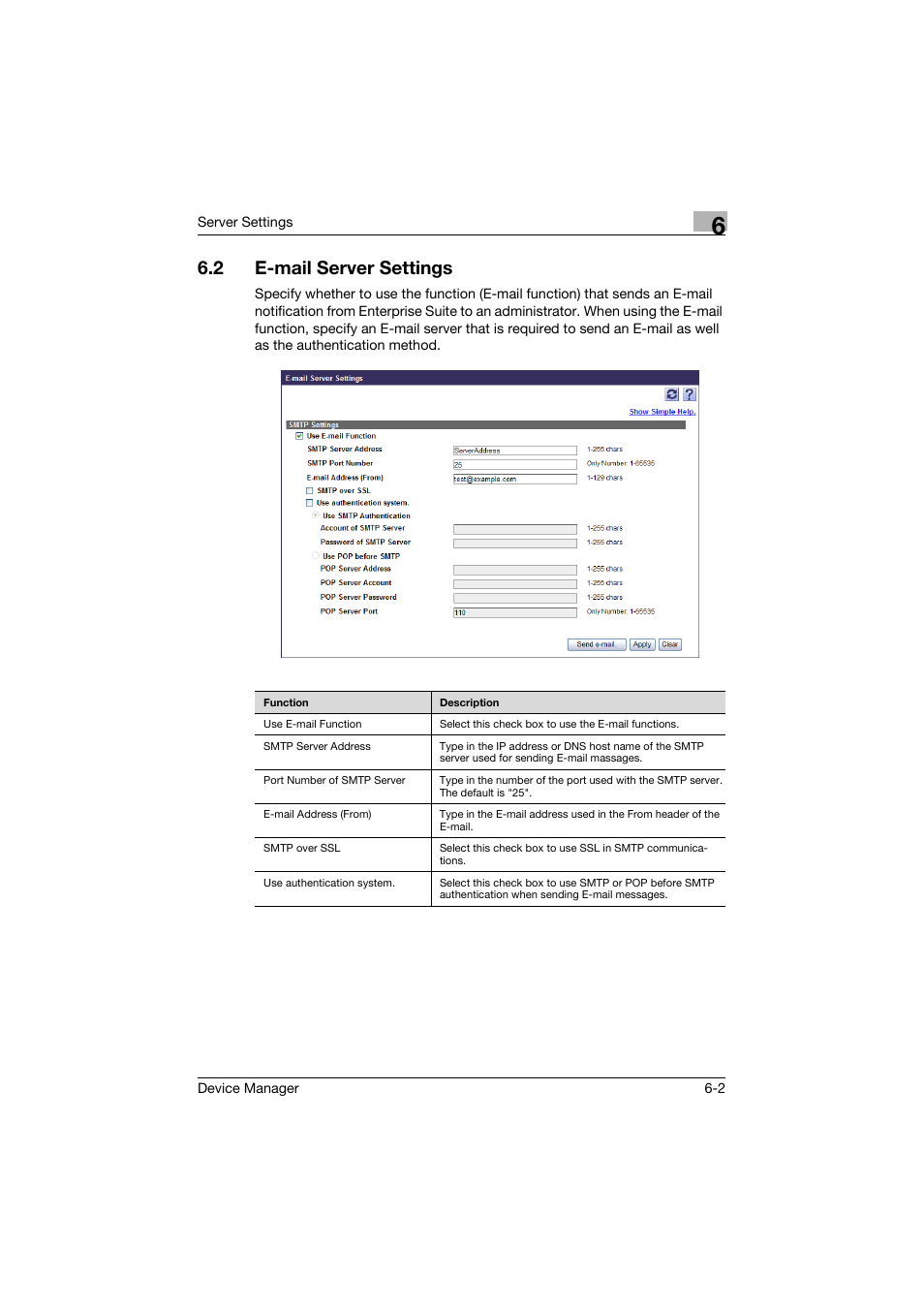 2 e-mail server settings, E-mail server settings -2, Tions. (p. 6-2) | Konica Minolta PageScope Net Care Device Manager User Manual | Page 260 / 331