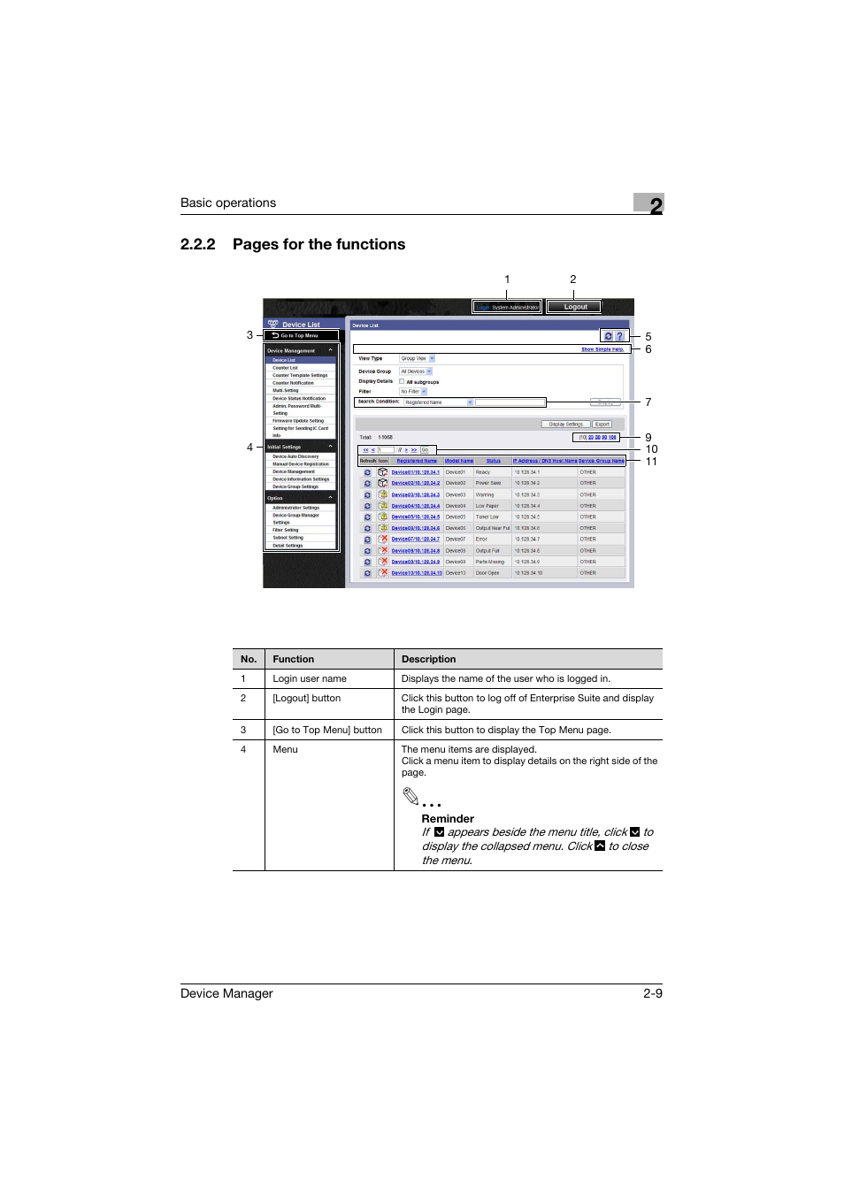 2 pages for the functions | Konica Minolta PageScope Net Care Device Manager User Manual | Page 29 / 331