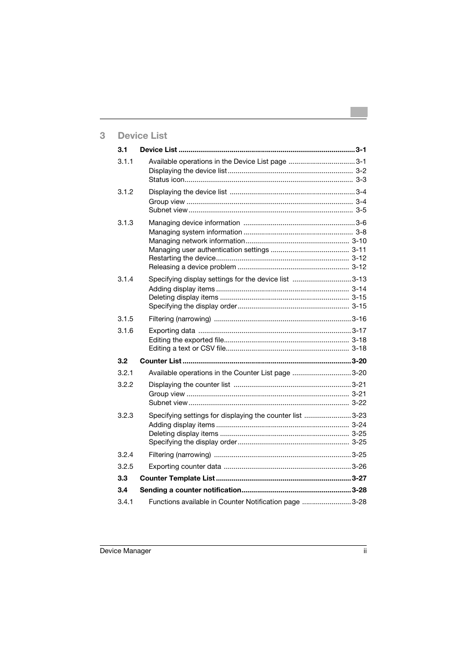 3device list | Konica Minolta PageScope Net Care Device Manager User Manual | Page 3 / 331