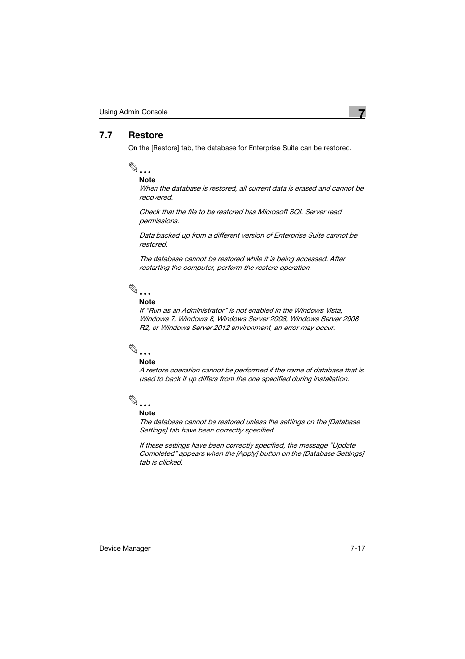 7 restore, Restore -17 | Konica Minolta PageScope Net Care Device Manager User Manual | Page 304 / 331