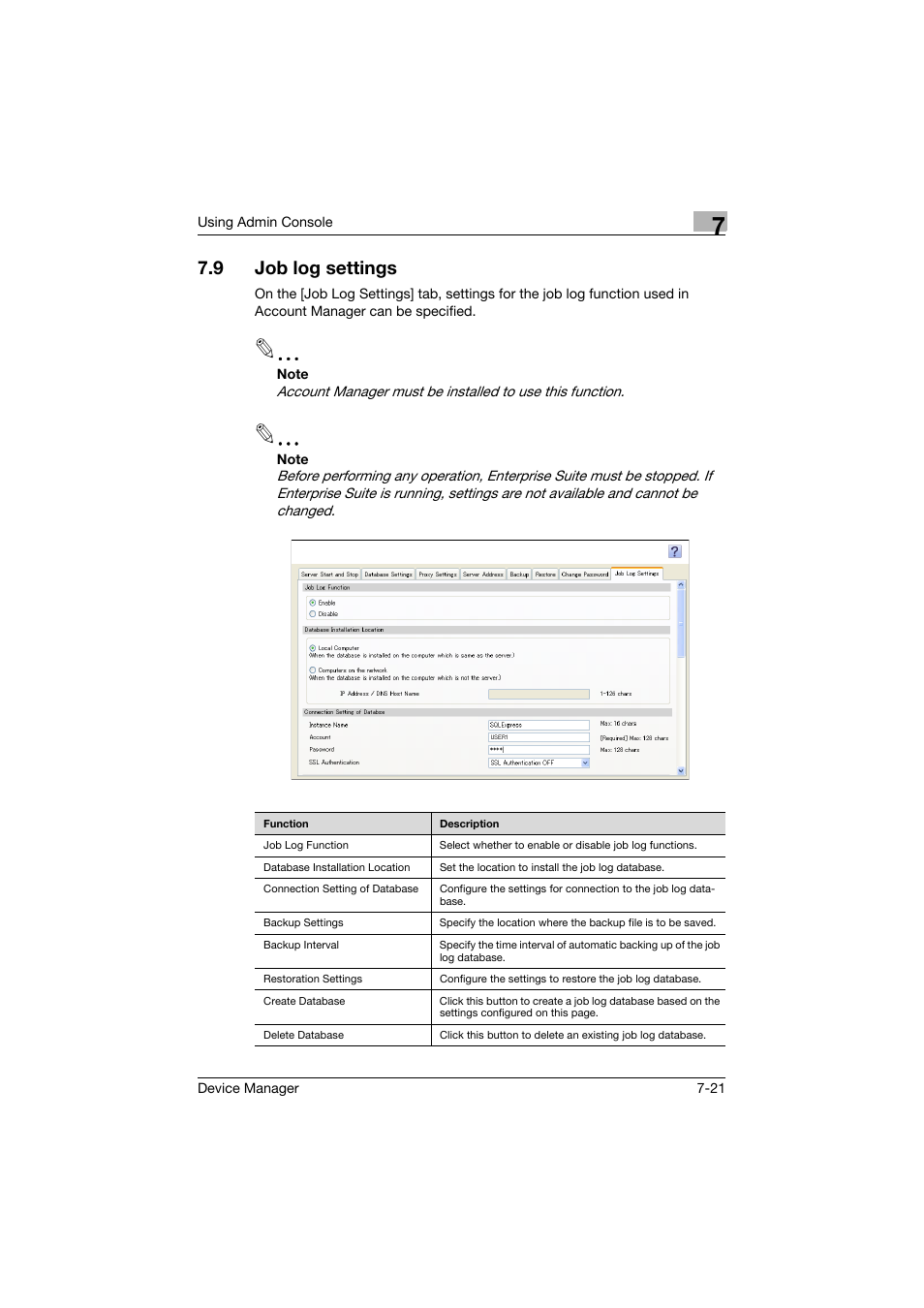 9 job log settings, Job log settings -21 | Konica Minolta PageScope Net Care Device Manager User Manual | Page 308 / 331