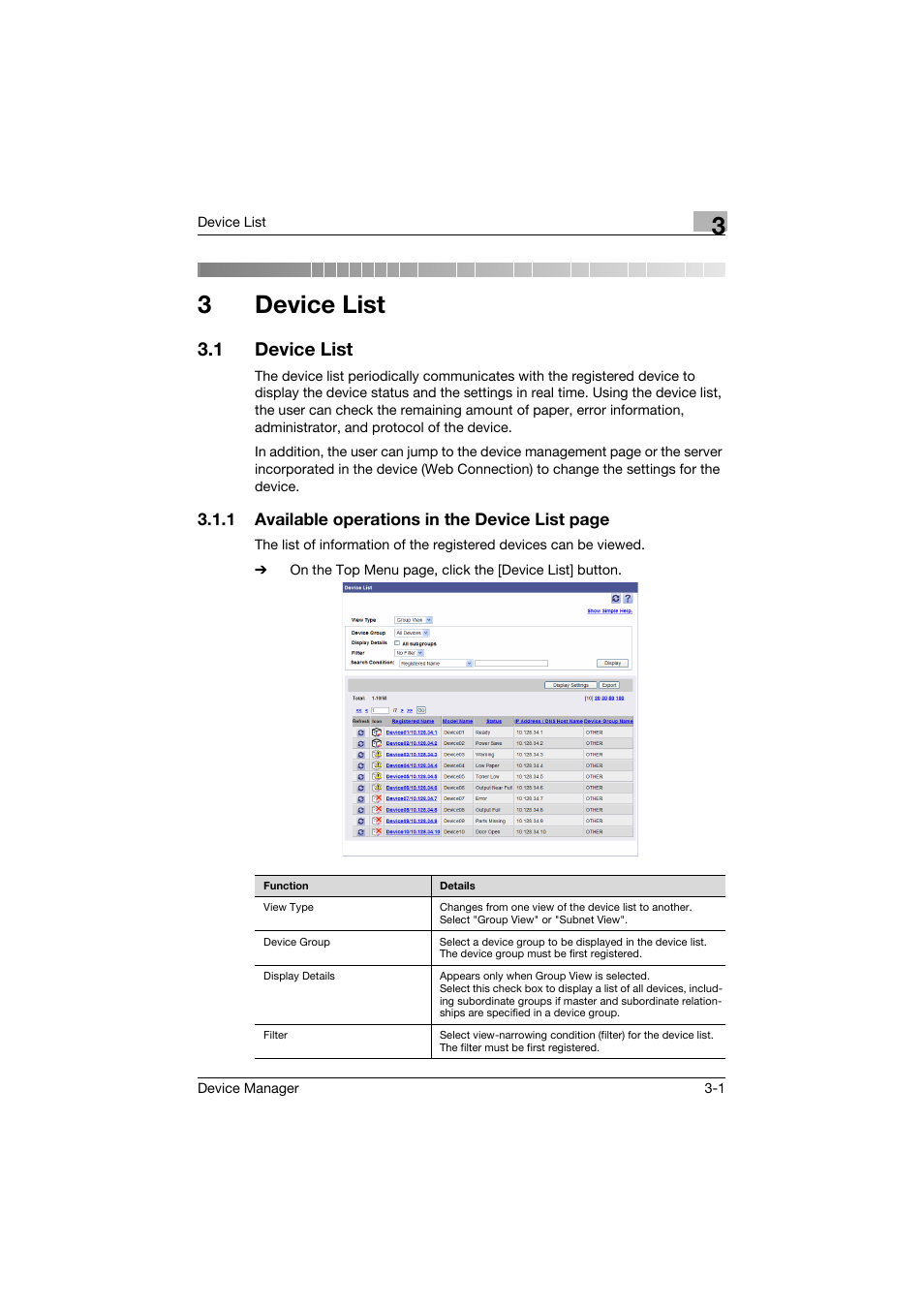 3 device list, 1 device list, Device list | Device list -1, 3device list | Konica Minolta PageScope Net Care Device Manager User Manual | Page 31 / 331