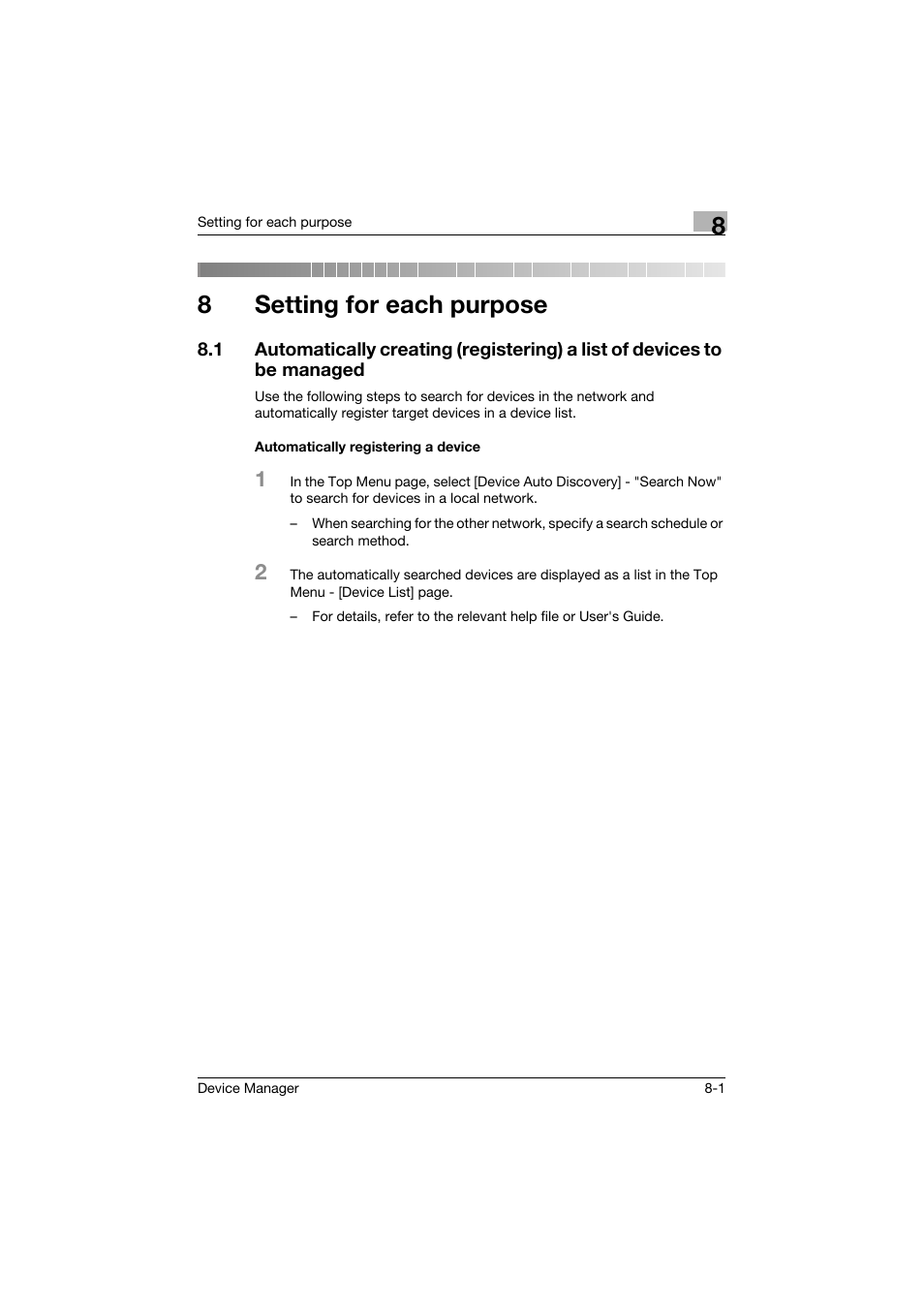 8 setting for each purpose, Automatically registering a device, Setting for each purpose | Automatically registering a device -1, 8setting for each purpose | Konica Minolta PageScope Net Care Device Manager User Manual | Page 315 / 331
