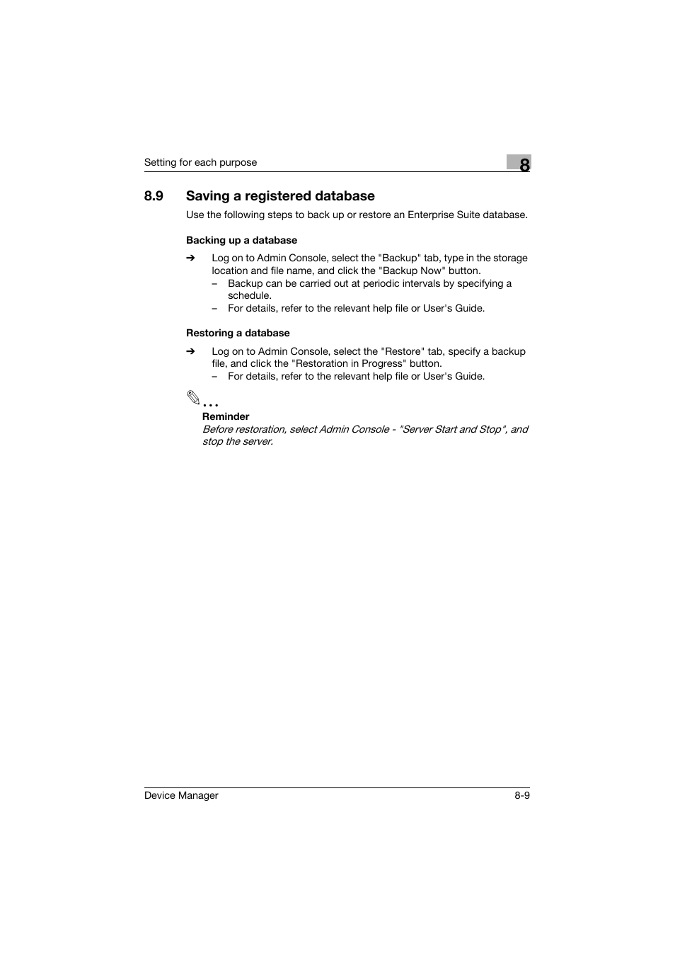9 saving a registered database, Backing up a database, Restoring a database | Saving a registered database -9, Backing up a database -9 restoring a database -9 | Konica Minolta PageScope Net Care Device Manager User Manual | Page 323 / 331