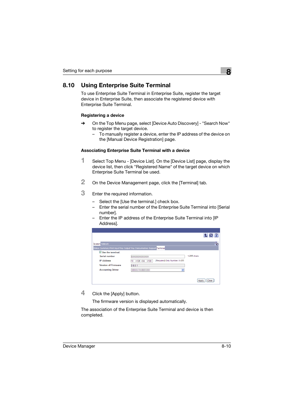 10 using enterprise suite terminal, Registering a device, Using enterprise suite terminal -10 | Konica Minolta PageScope Net Care Device Manager User Manual | Page 324 / 331