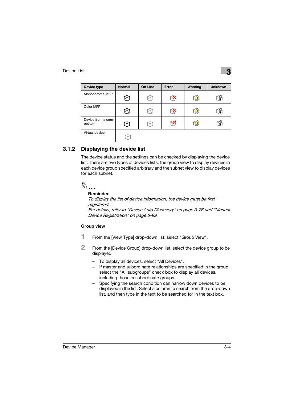 2 displaying the device list, Group view, Displaying the device list -4 group view -4 | Konica Minolta PageScope Net Care Device Manager User Manual | Page 34 / 331