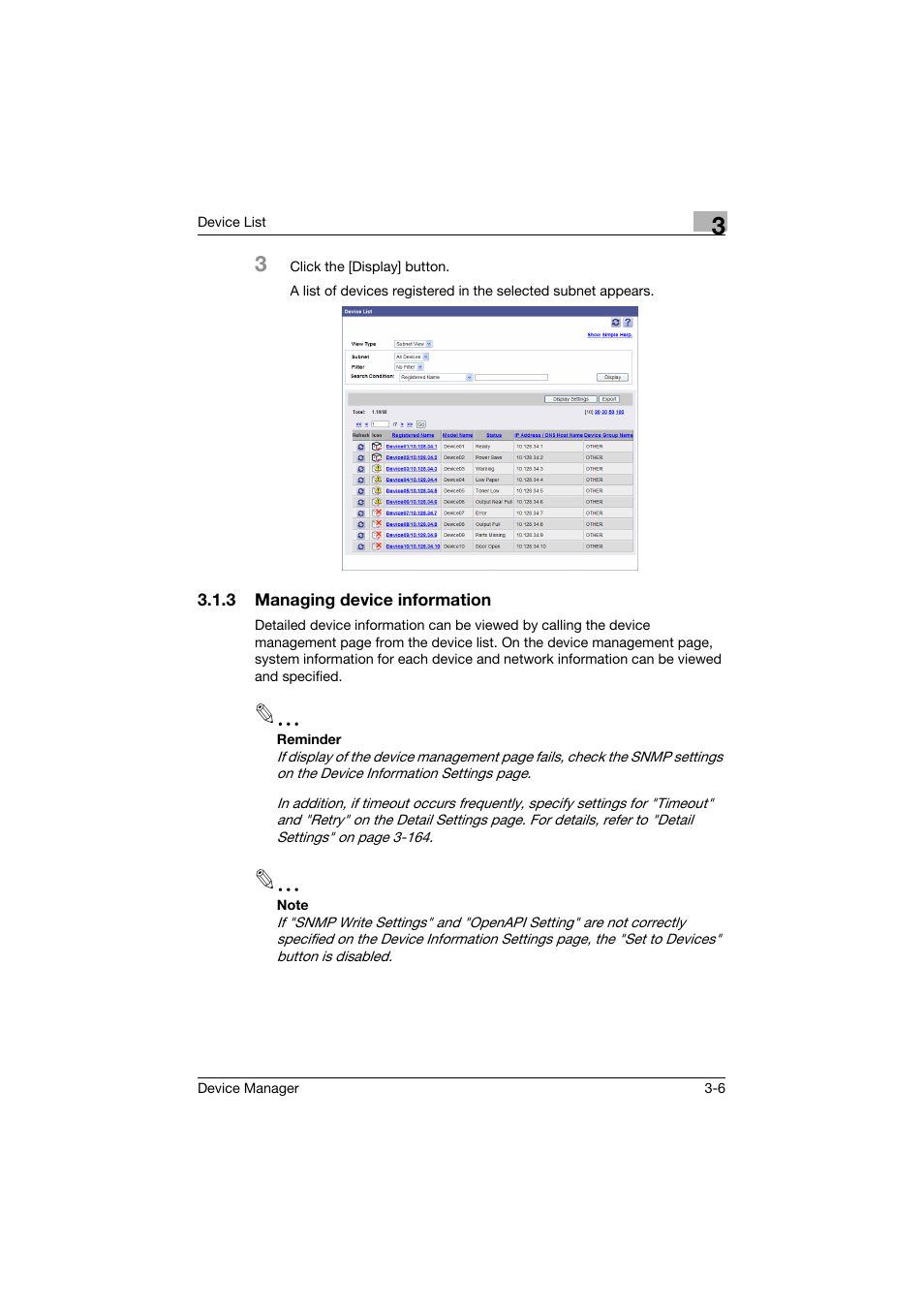 3 managing device information, Managing device information -6 | Konica Minolta PageScope Net Care Device Manager User Manual | Page 36 / 331