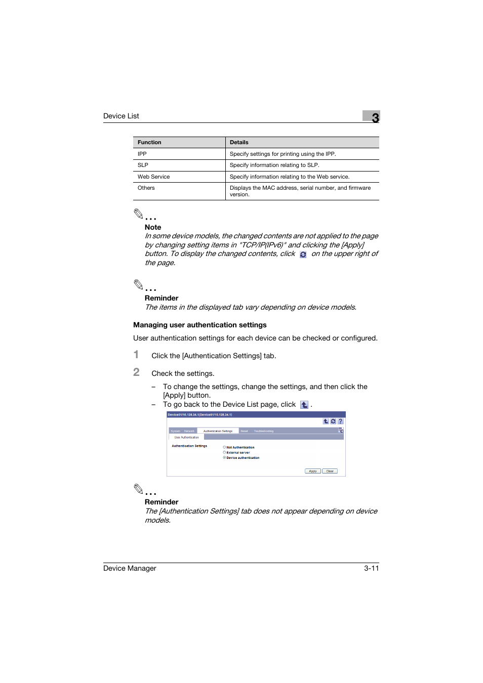Managing user authentication settings, Managing user authentication settings -11 | Konica Minolta PageScope Net Care Device Manager User Manual | Page 41 / 331