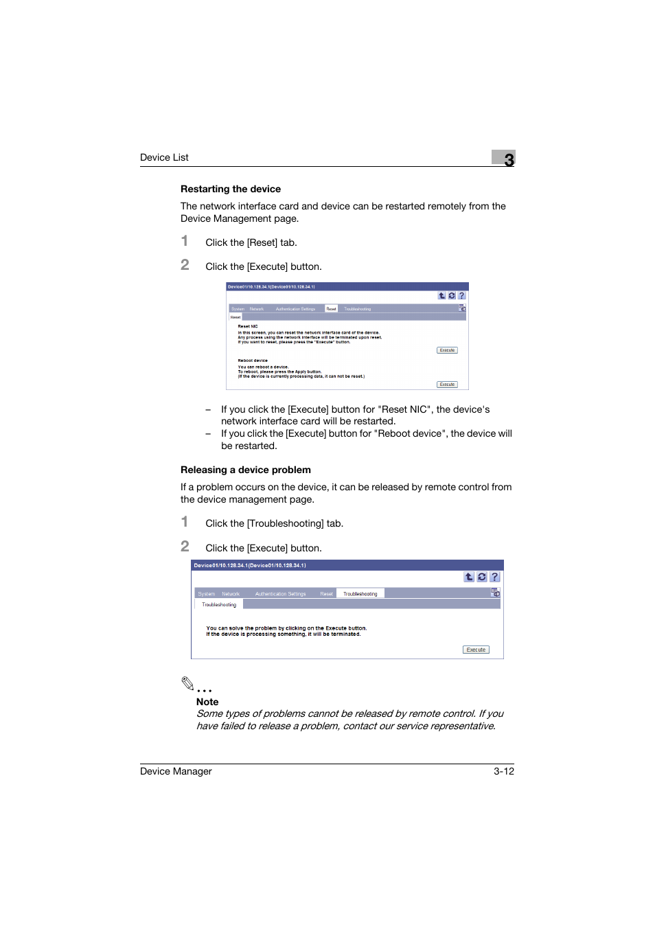 Restarting the device, Releasing a device problem | Konica Minolta PageScope Net Care Device Manager User Manual | Page 42 / 331