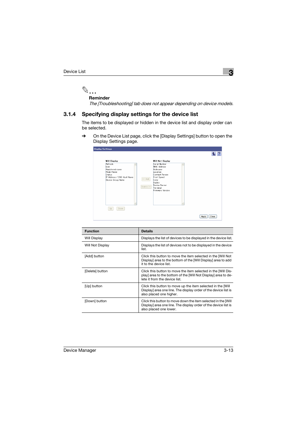 4 specifying display settings for the device list | Konica Minolta PageScope Net Care Device Manager User Manual | Page 43 / 331