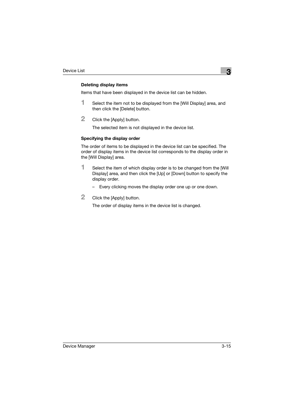 Deleting display items, Specifying the display order | Konica Minolta PageScope Net Care Device Manager User Manual | Page 45 / 331