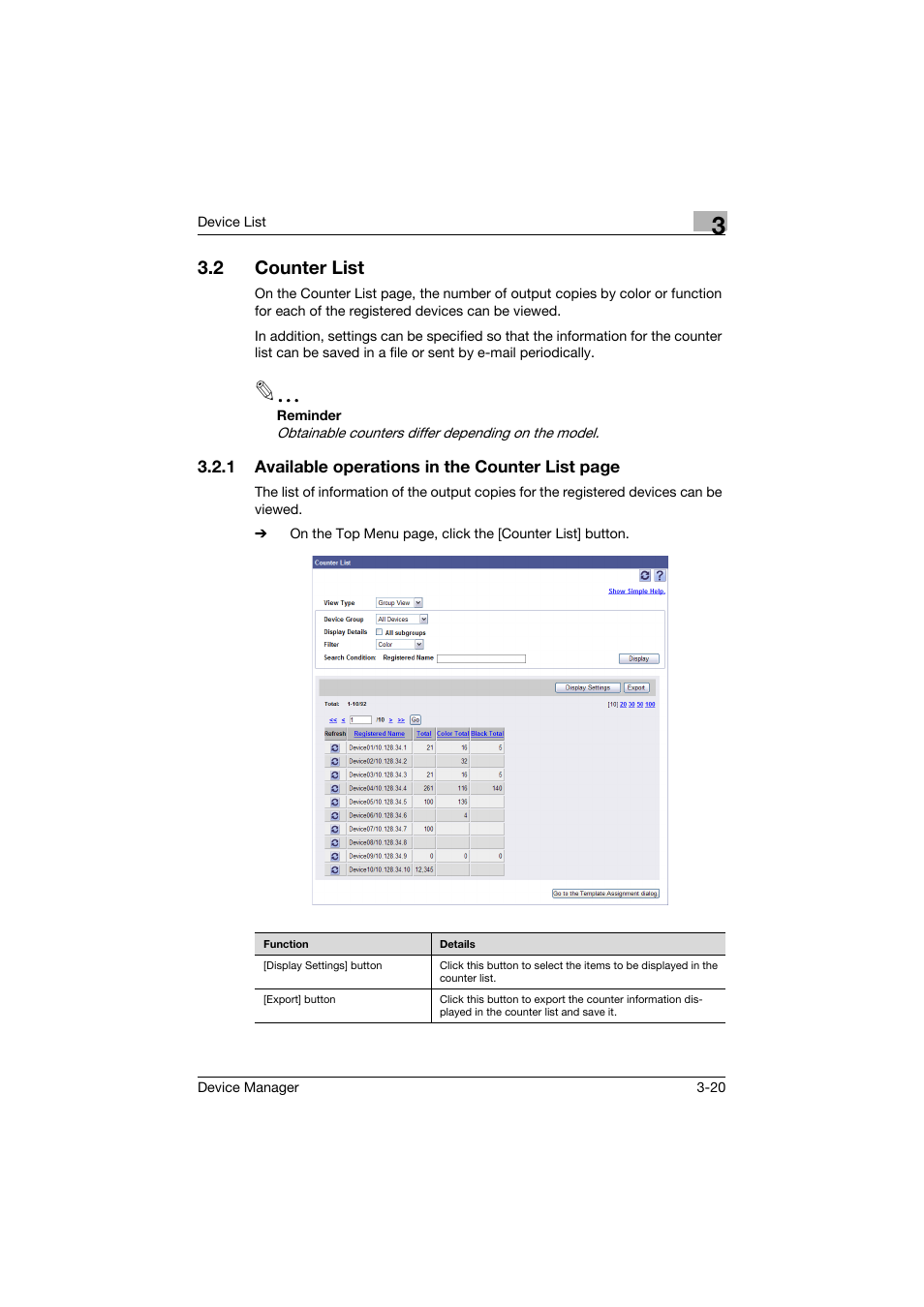 2 counter list, Counter list -20 | Konica Minolta PageScope Net Care Device Manager User Manual | Page 50 / 331