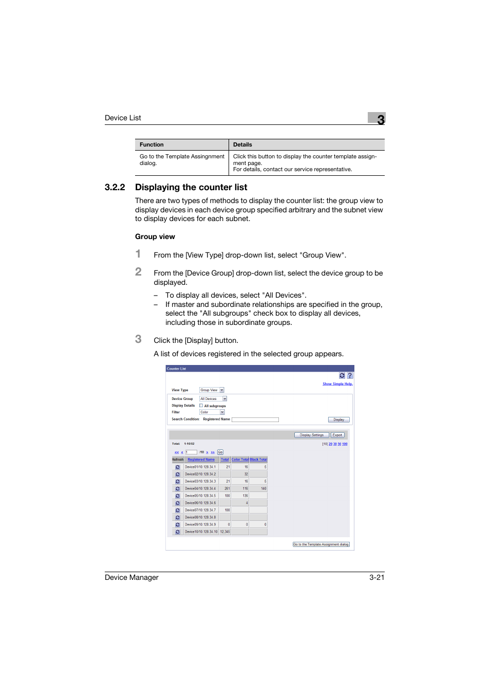 2 displaying the counter list, Group view, Displaying the counter list -21 group view -21 | Konica Minolta PageScope Net Care Device Manager User Manual | Page 51 / 331
