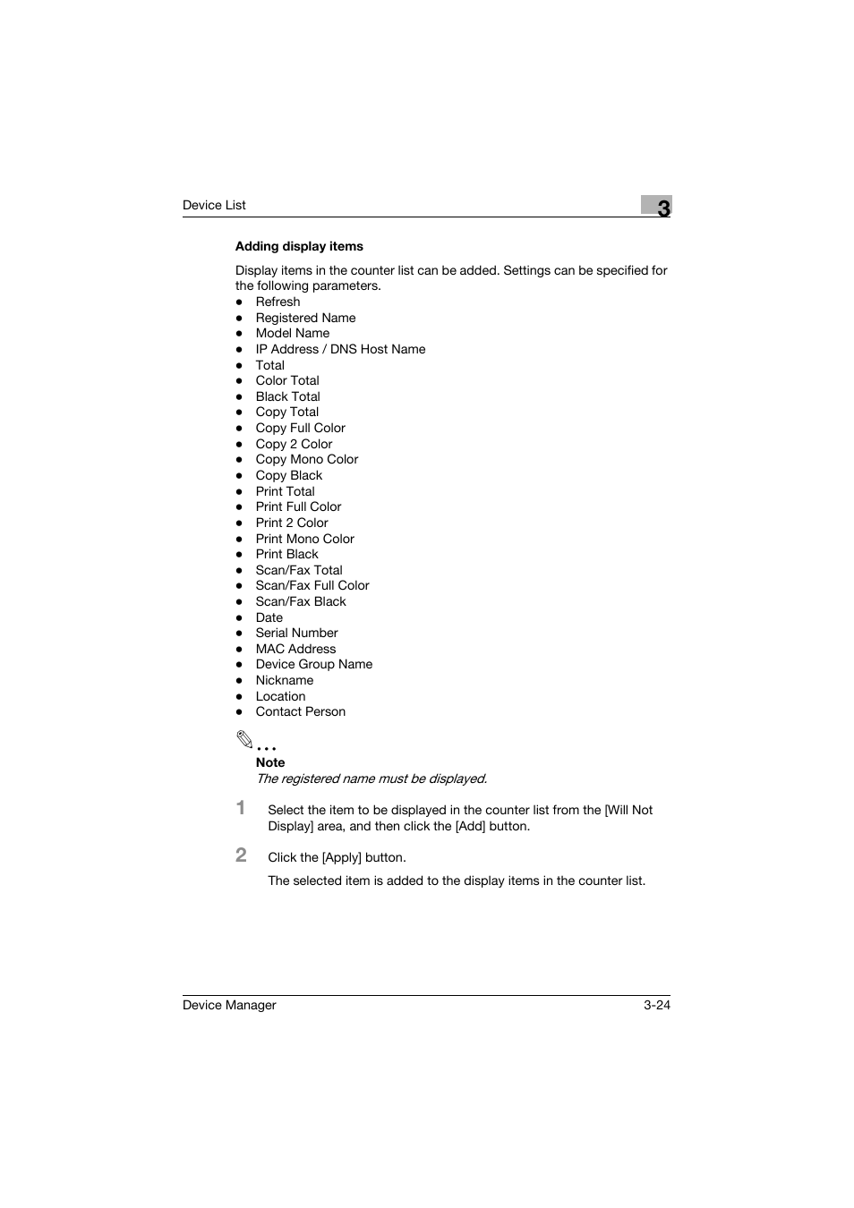 Adding display items, Adding display items -24 | Konica Minolta PageScope Net Care Device Manager User Manual | Page 54 / 331