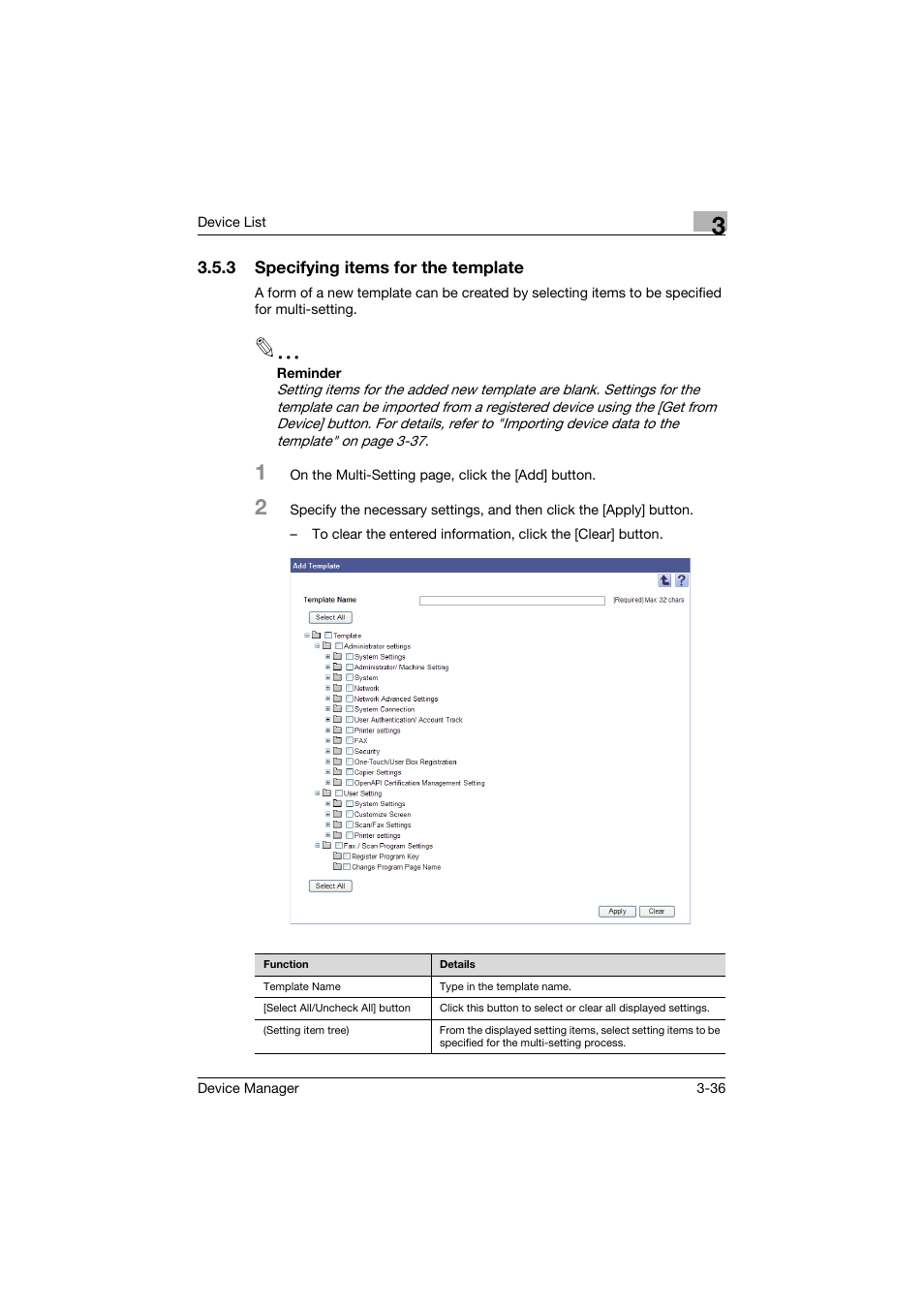 3 specifying items for the template, Specifying items for the template -36 | Konica Minolta PageScope Net Care Device Manager User Manual | Page 66 / 331