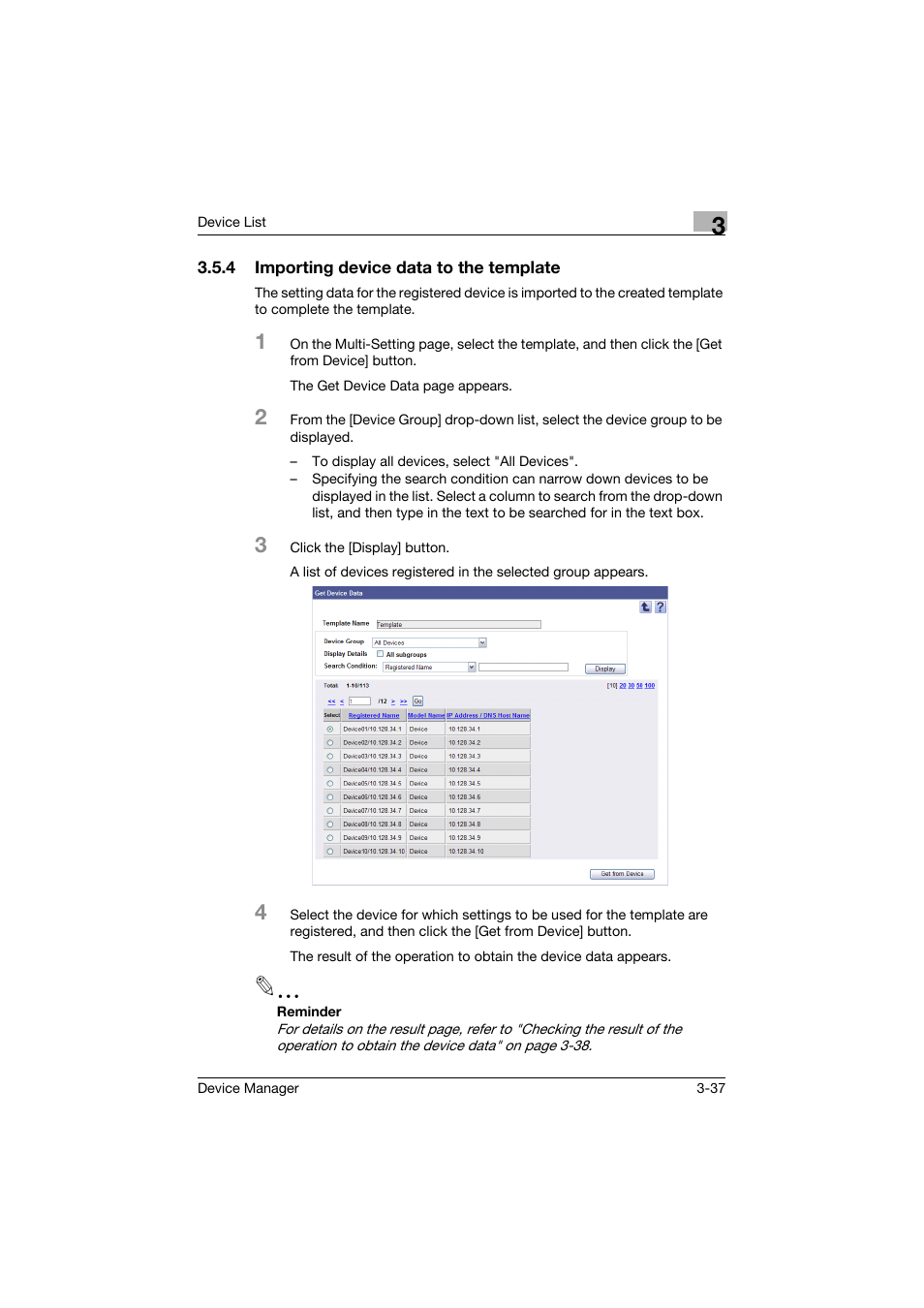 4 importing device data to the template, Importing device data to the template -37 | Konica Minolta PageScope Net Care Device Manager User Manual | Page 67 / 331