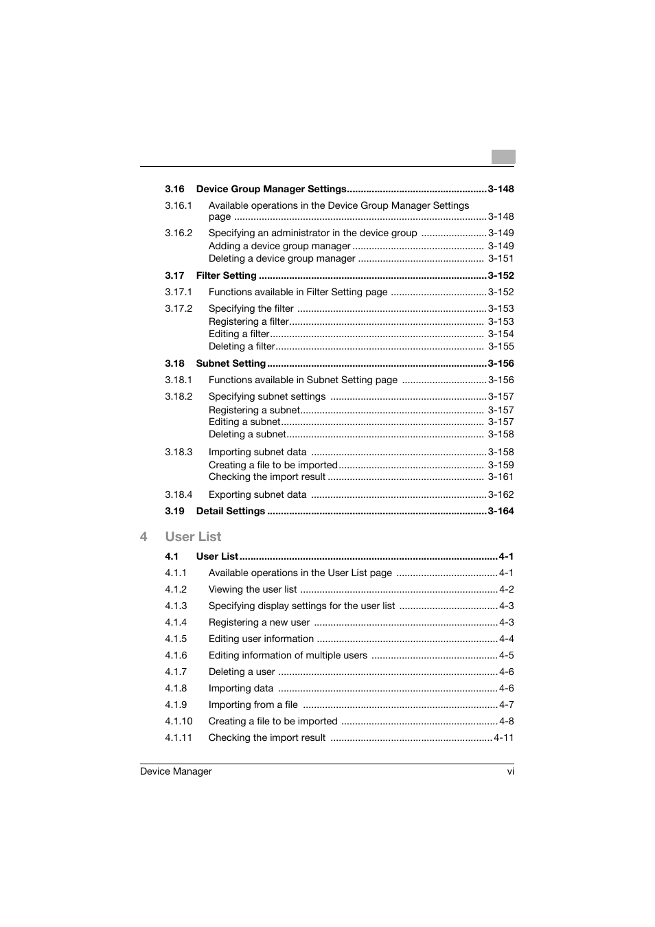 4user list | Konica Minolta PageScope Net Care Device Manager User Manual | Page 7 / 331