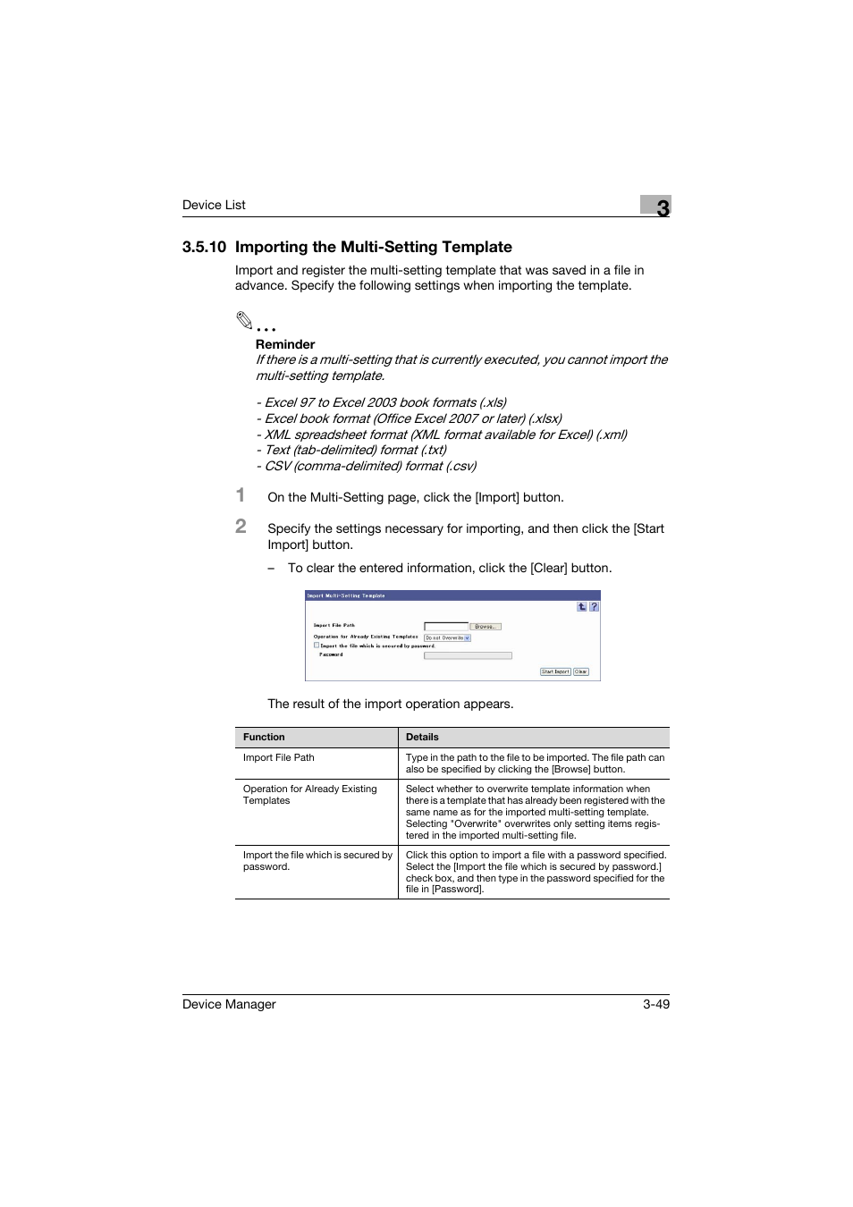 10 importing the multi-setting template, Importing the multi-setting template -49 | Konica Minolta PageScope Net Care Device Manager User Manual | Page 79 / 331