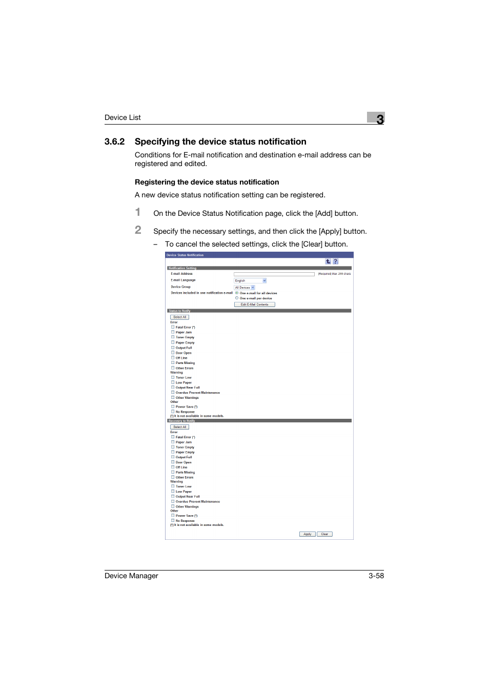 2 specifying the device status notification, Registering the device status notification | Konica Minolta PageScope Net Care Device Manager User Manual | Page 88 / 331