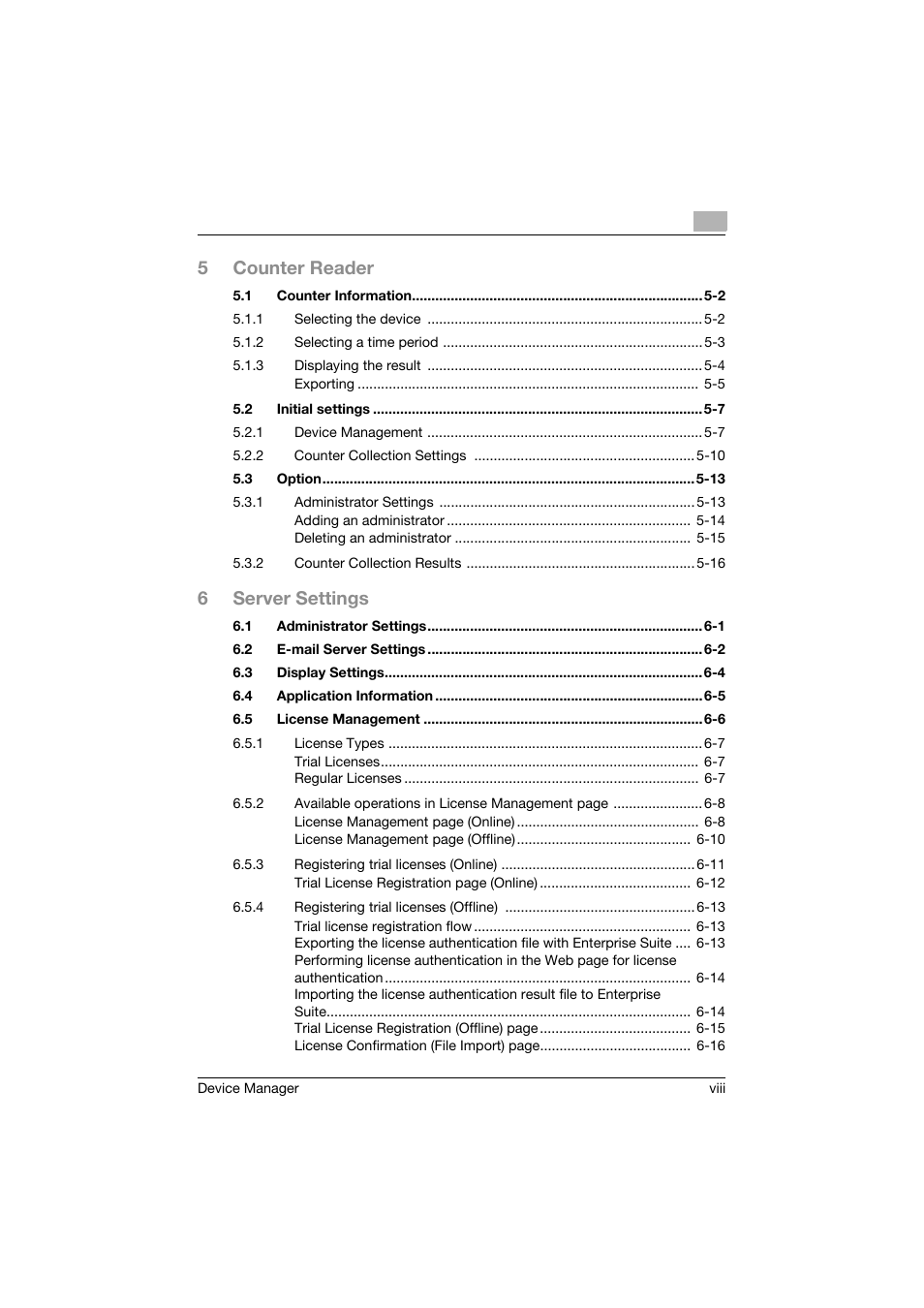 5counter reader, 6server settings | Konica Minolta PageScope Net Care Device Manager User Manual | Page 9 / 331