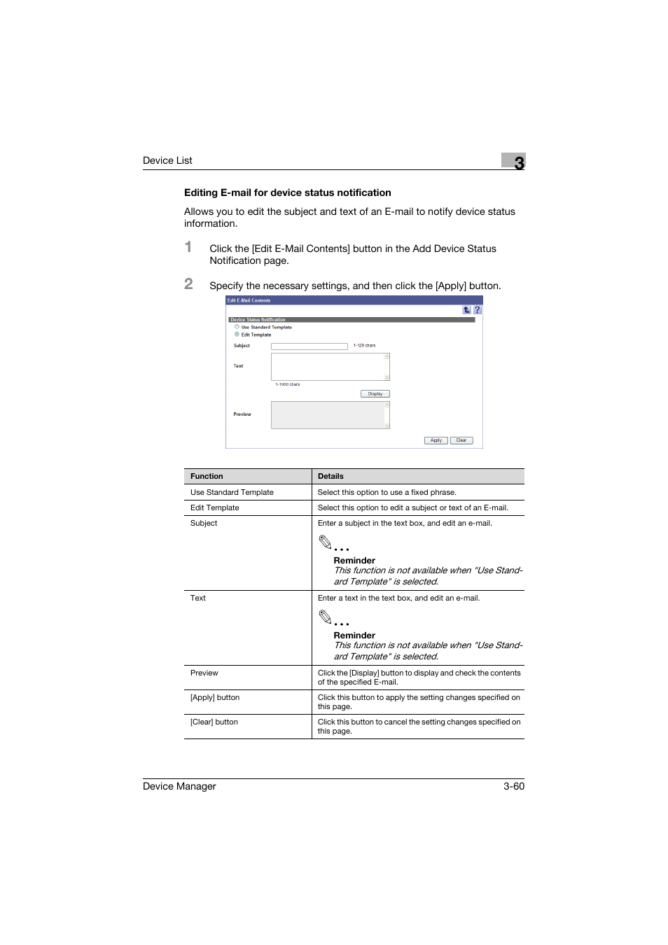 Editing e-mail for device status notification, Editing e-mail for device status notification -60 | Konica Minolta PageScope Net Care Device Manager User Manual | Page 90 / 331