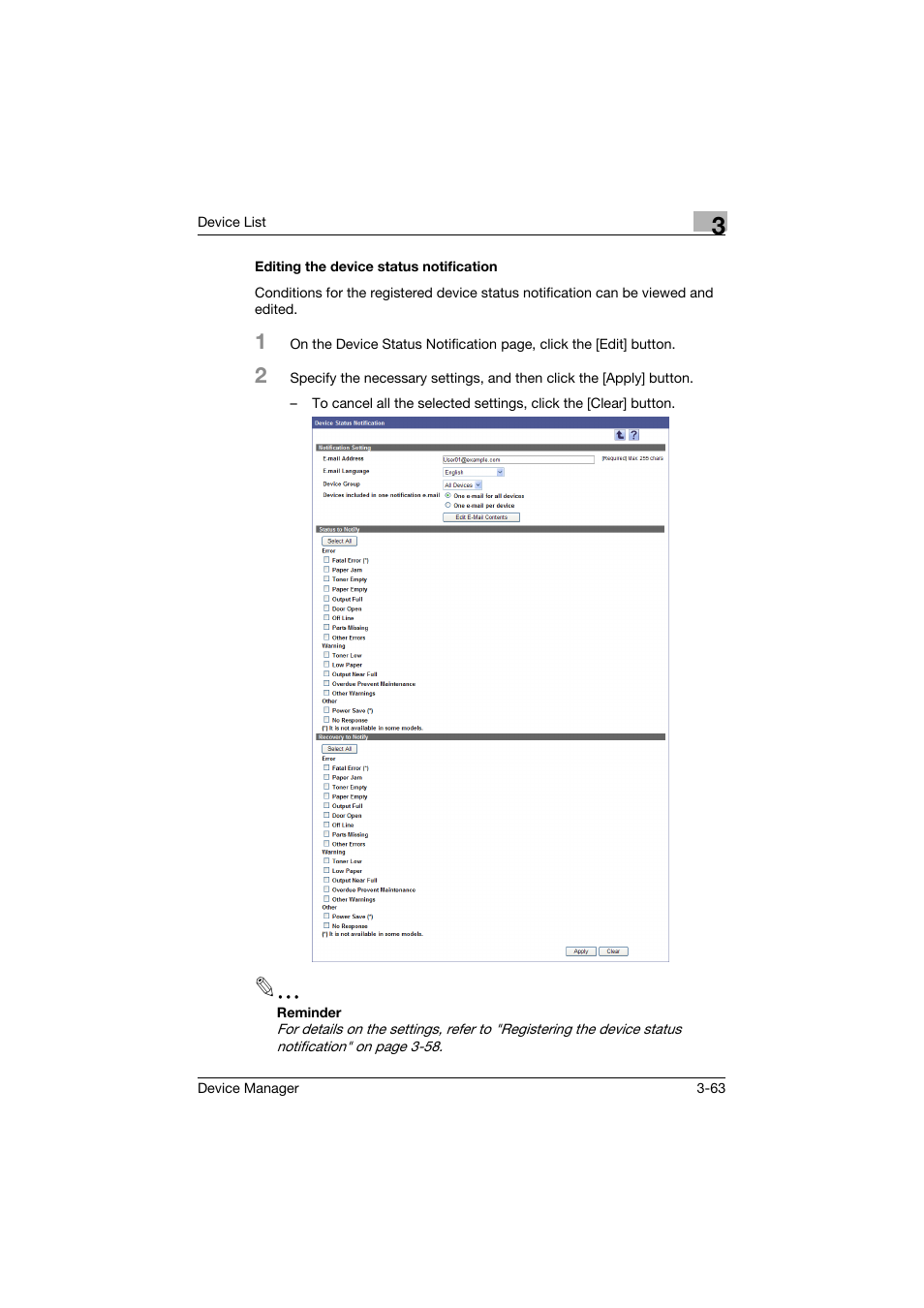Editing the device status notification, Editing the device status notification -63 | Konica Minolta PageScope Net Care Device Manager User Manual | Page 93 / 331