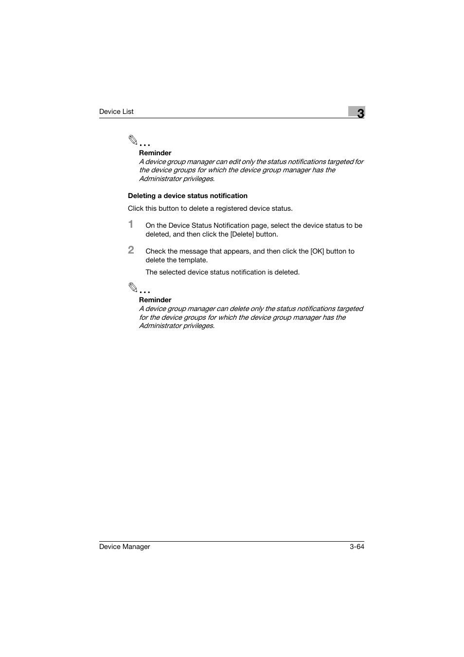 Deleting a device status notification, Deleting a device status notification -64 | Konica Minolta PageScope Net Care Device Manager User Manual | Page 94 / 331