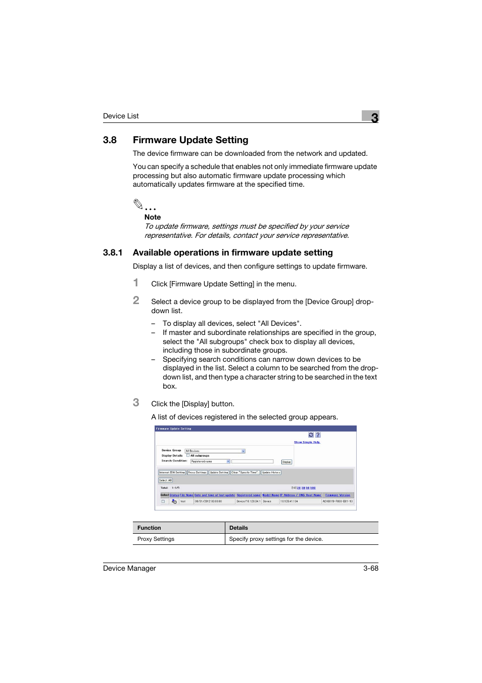 8 firmware update setting, 1 available operations in firmware update setting, Firmware update setting -68 | Konica Minolta PageScope Net Care Device Manager User Manual | Page 98 / 331