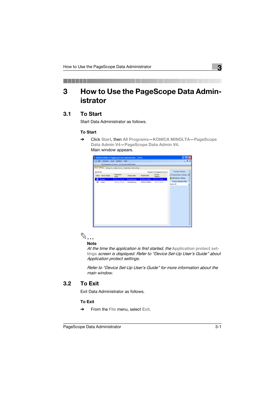 1 to start, To start, 2 to exit | To exit, To start -1, To exit -1, 3how to use the pagescope data admin- istrator | Konica Minolta PageScope Data Administrator User Manual | Page 10 / 113