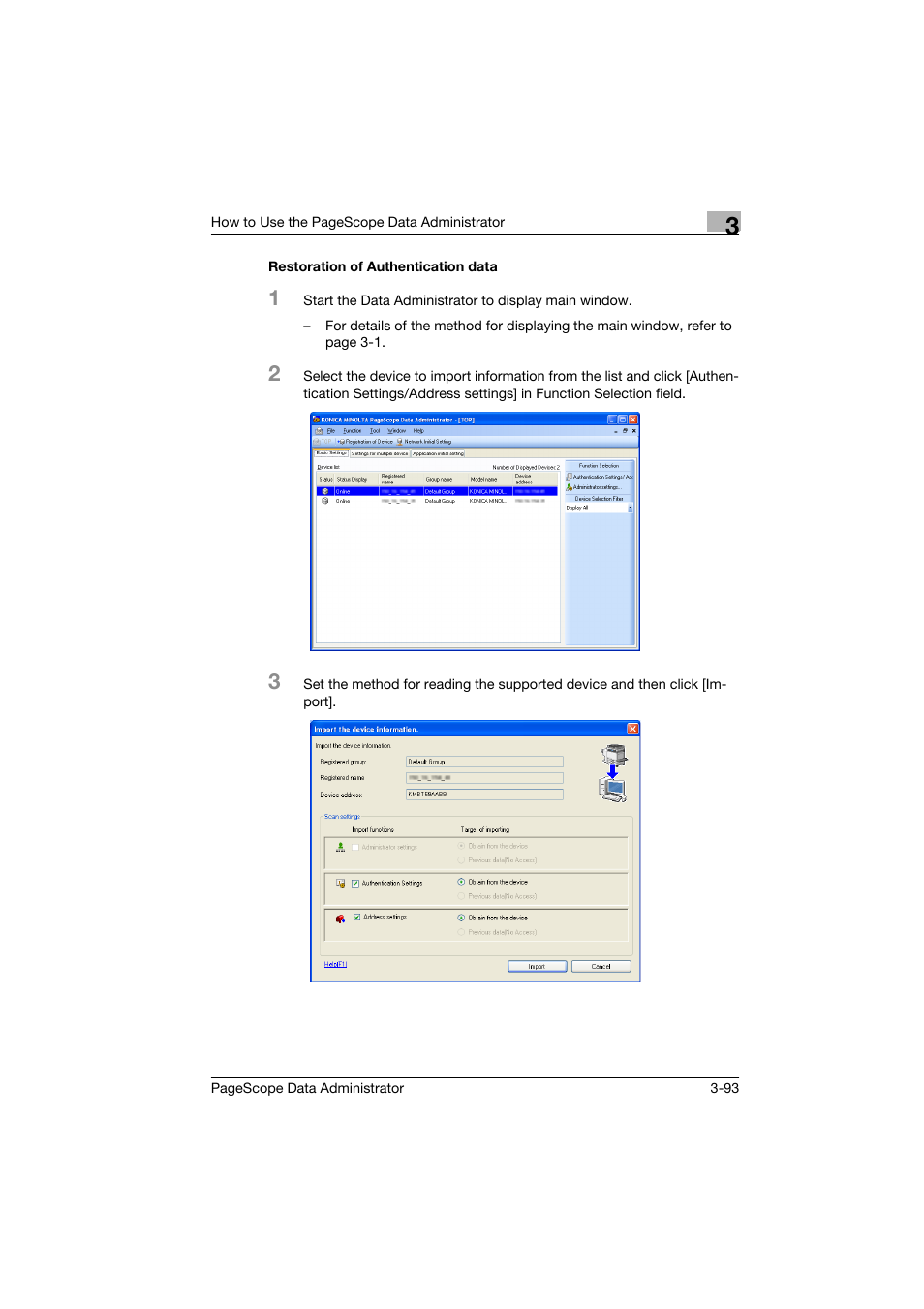 Restoration of authentication data, Restoration of authentication data -93 | Konica Minolta PageScope Data Administrator User Manual | Page 102 / 113