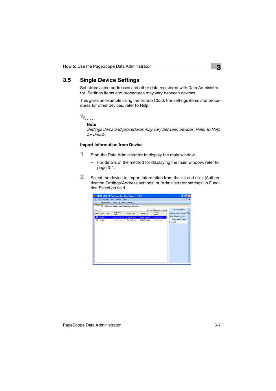 5 single device settings, Import information from device, Single device settings -7 | Import information from device -7 | Konica Minolta PageScope Data Administrator User Manual | Page 16 / 113
