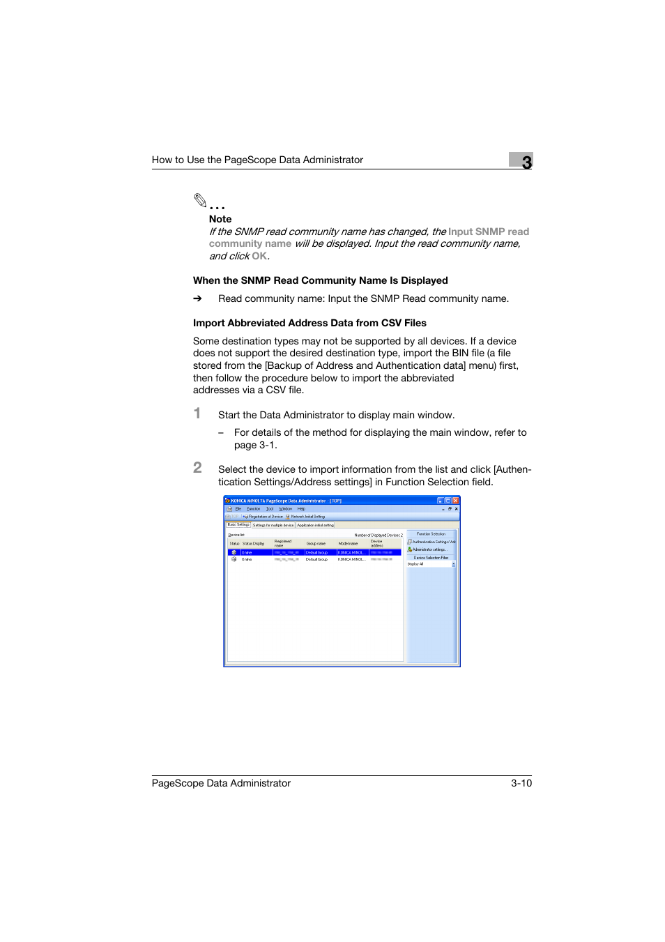 When the snmp read community name is displayed, Import abbreviated address data from csv files | Konica Minolta PageScope Data Administrator User Manual | Page 19 / 113