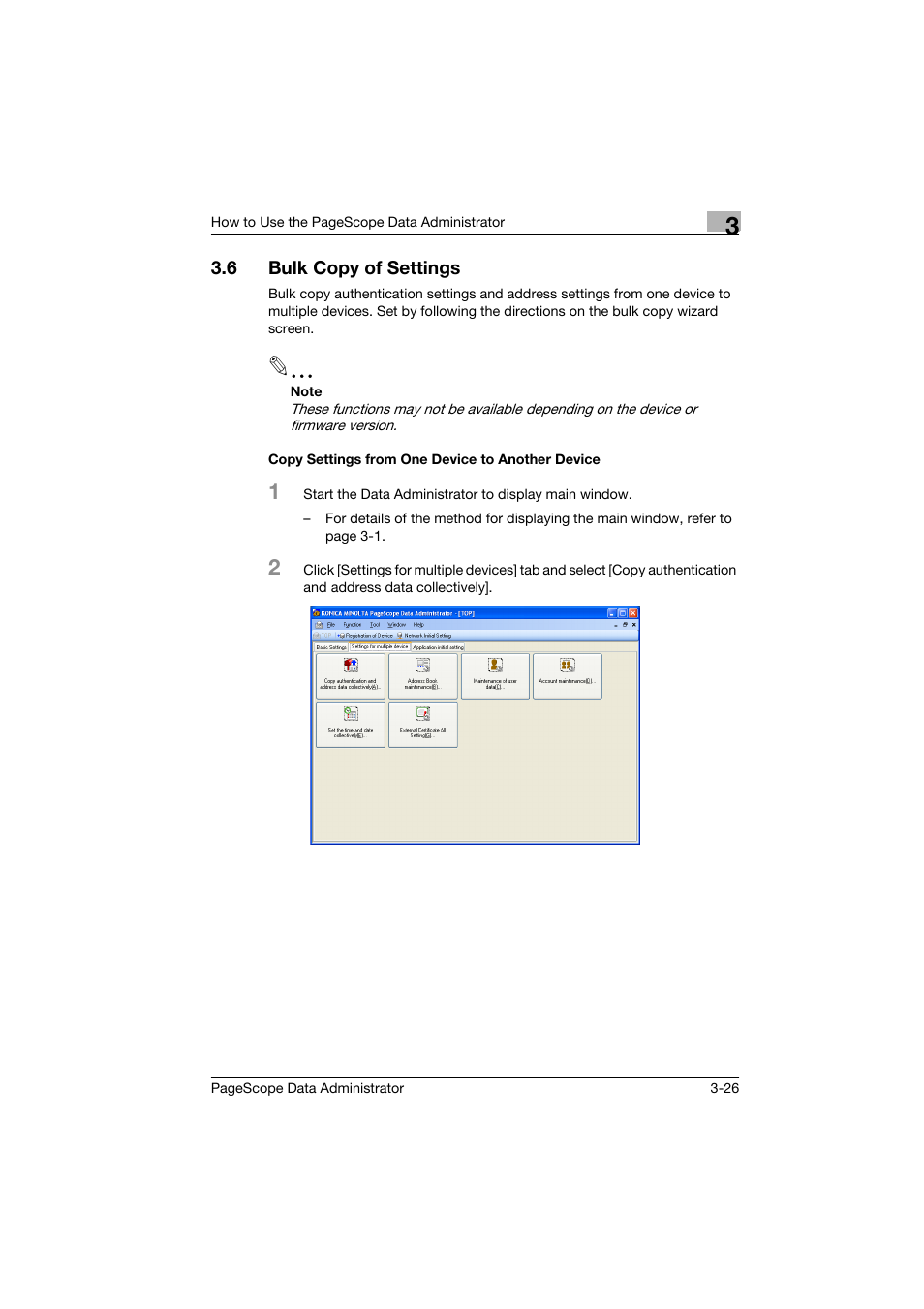 6 bulk copy of settings, Copy settings from one device to another device, Bulk copy of settings -26 | Konica Minolta PageScope Data Administrator User Manual | Page 35 / 113