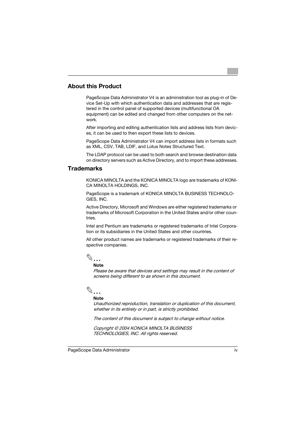 About this product, Trademarks | Konica Minolta PageScope Data Administrator User Manual | Page 5 / 113