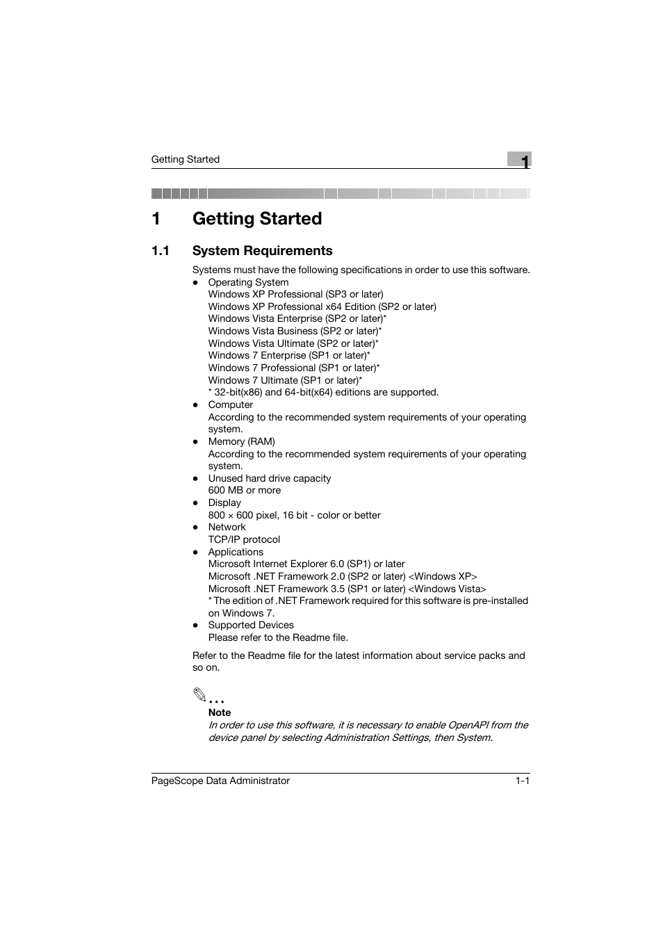 1 getting started, 1 system requirements, Getting started | System requirements -1, 1getting started | Konica Minolta PageScope Data Administrator User Manual | Page 6 / 113