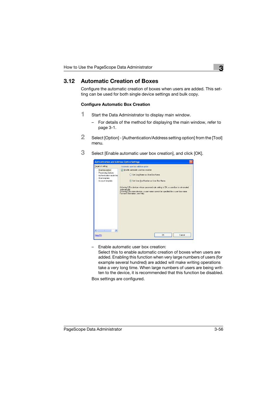 12 automatic creation of boxes, Configure automatic box creation, Automatic creation of boxes -56 | Configure automatic box creation -56 | Konica Minolta PageScope Data Administrator User Manual | Page 65 / 113