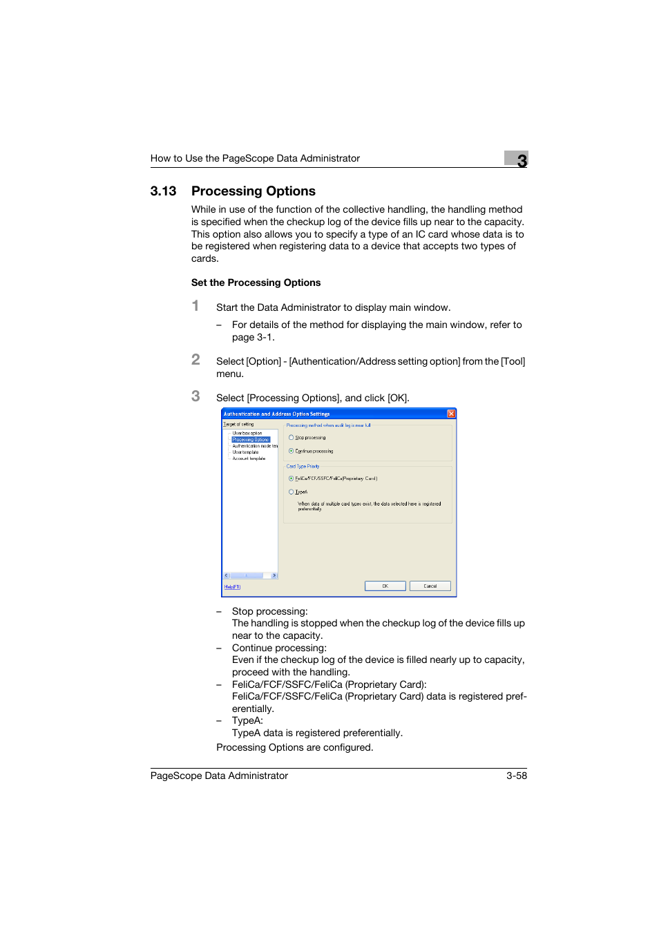 13 processing options, Set the processing options, Processing options -58 | Set the processing options -58 | Konica Minolta PageScope Data Administrator User Manual | Page 67 / 113